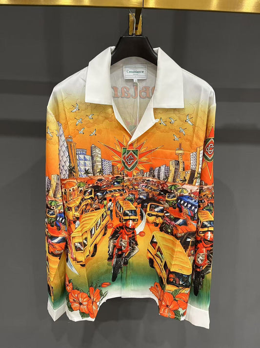 CASABLANCA Moto Print Long Sleeve Real Silk Shirt